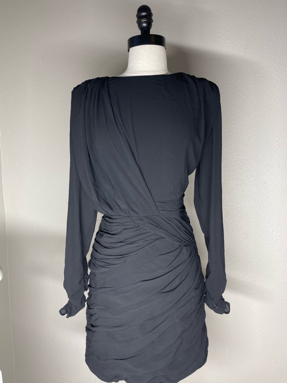 Zara Black Ruched Long-Sleeve Draped Mini Dress